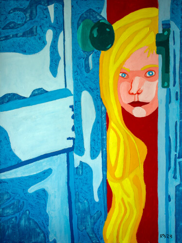 Painting titled "Girl and Door" by Randall Steinke, Original Artwork, Oil