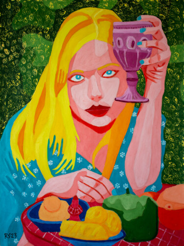 Painting titled "Woman and Wine" by Randall Steinke, Original Artwork, Oil Mounted on Wood Stretcher frame