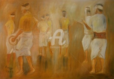 Painting titled "Bihu Male Dancers" by Ranjit Rongpi, Original Artwork, Oil