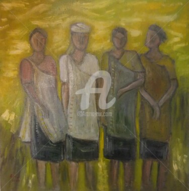 Painting titled "Four-Women in Yello…" by Ranjit Rongpi, Original Artwork, Oil