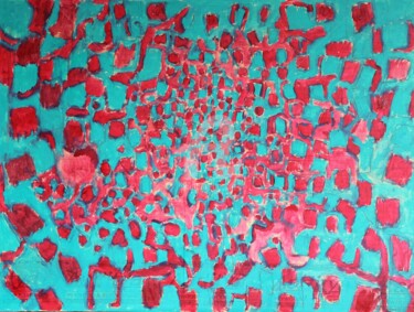 Painting titled "Red on Blue" by Ranjit Rongpi, Original Artwork, Oil