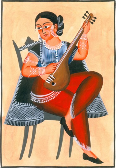 Painting titled "LADY PLAYING VEENA" by Ranjitava Biswas, Original Artwork, Watercolor