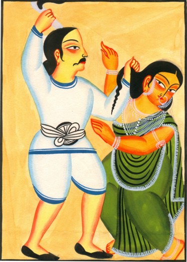 Painting titled "HUSBAND PUNISHING U…" by Ranjitava Biswas, Original Artwork, Watercolor