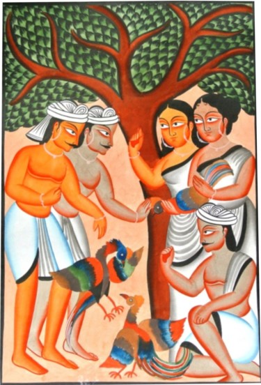 Painting titled "COCK FIGHT IN TRIBA…" by Ranjitava Biswas, Original Artwork, Watercolor