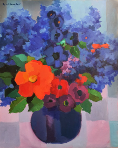 Painting titled "Fleurs bleues et ro…" by Raoul Bruckert, Original Artwork, Acrylic Mounted on Wood Stretcher frame