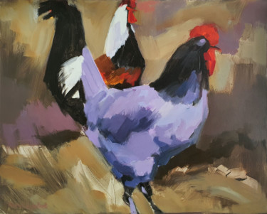 Painting titled "Les deux poules" by Raoul Bruckert, Original Artwork, Acrylic Mounted on Wood Stretcher frame