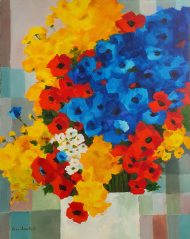 Painting titled "Fleurs rouges bleue…" by Raoul Bruckert, Original Artwork, Acrylic Mounted on Wood Stretcher frame