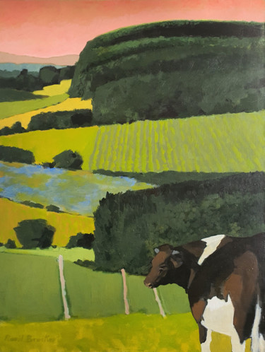 Peinture intitulée "La vache au pré" par Raoul Bruckert, Œuvre d'art originale, Acrylique Monté sur Châssis en bois