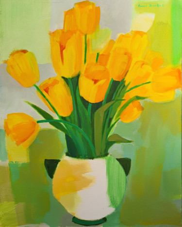 Malarstwo zatytułowany „Tulipes jaunes” autorstwa Raoul Bruckert, Oryginalna praca, Akryl Zamontowany na Drewniana rama noszy