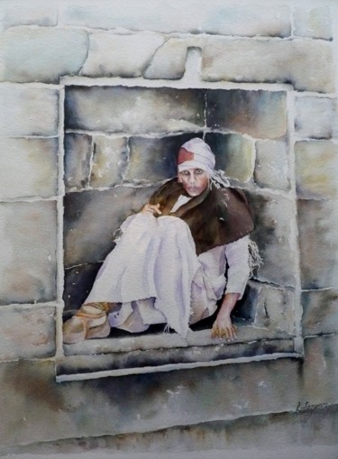Painting titled "La mendiante" by Raphael Fortunato, Original Artwork, Watercolor