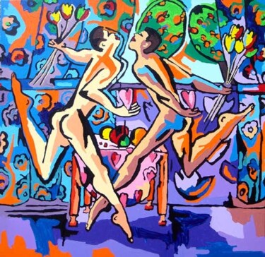 Malarstwo zatytułowany „gay couple kissing…” autorstwa Raphael Perez, Oryginalna praca, Akryl