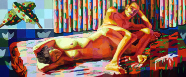 Painting titled "man woman on bed re…" by Raphael Perez, Original Artwork, Acrylic