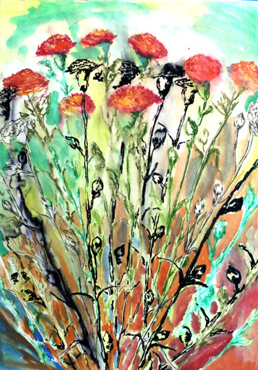 Картина под названием "flower paintings dr…" - Raphael Perez, Подлинное произведение искусства, Акварель