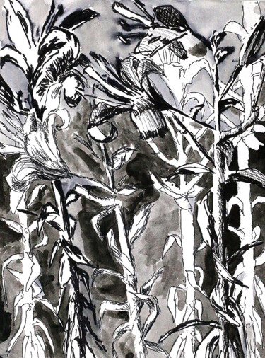 Dibujo titulada "black white art flo…" por Raphael Perez, Obra de arte original, Tinta