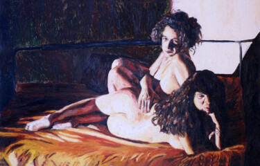 Pintura titulada "two women on bed re…" por Raphael Perez, Obra de arte original, Oleo