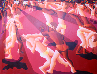 Schilderij getiteld "men wrestling paint…" door Raphael Perez, Origineel Kunstwerk, Acryl
