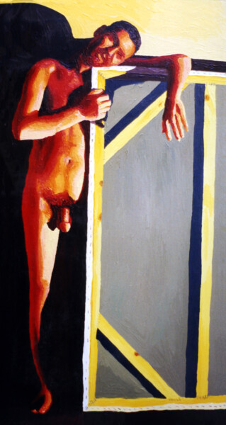 Painting titled "model near canvas g…" by Raphael Perez, Original Artwork, Acrylic