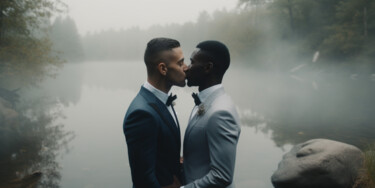 Arts numériques intitulée "black love lgbt cou…" par Raphael Perez, Œuvre d'art originale, Image générée par l'IA