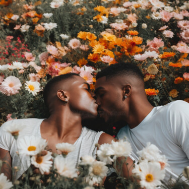 Arts numériques intitulée "lgbt couple kissing…" par Raphael Perez, Œuvre d'art originale, Image générée par l'IA