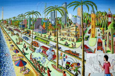 Pintura intitulada "以色列画家拉斐尔佩雷斯的天真绘画特点…" por Raphael Perez, Obras de arte originais, Acrílico