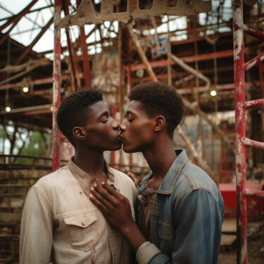 Digitale Kunst getiteld "LGBTQ gay men kissi…" door Raphael Perez, Origineel Kunstwerk, AI gegenereerde afbeelding