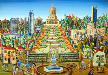 Schilderij getiteld "haifa bahai garden…" door Raphael Perez, Origineel Kunstwerk, Acryl
