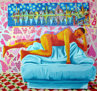 Schilderij getiteld "male nude on sofa e…" door Raphael Perez, Origineel Kunstwerk, Acryl