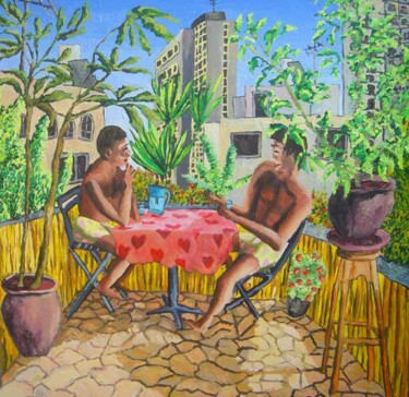 Painting titled "2 men on the balcon…" by Raphael Perez, Original Artwork, Acrylic