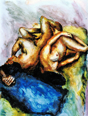Dibujo titulada "nude man woman on b…" por Raphael Perez, Obra de arte original, Oleo
