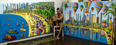 Schilderij getiteld "large colorful naiv…" door Raphael Perez, Origineel Kunstwerk, Acryl