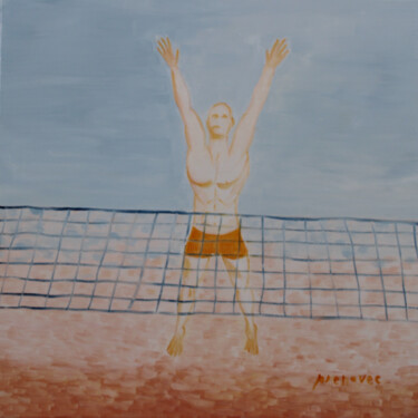 Painting titled "Beach-volley, 5/13,…" by Raphaël Prenovec, Original Artwork, Oil Mounted on Wood Stretcher frame