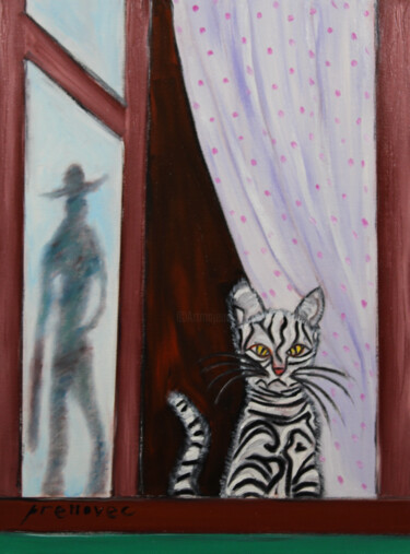 Painting titled "Le chat attendant s…" by Raphaël Prenovec, Original Artwork, Oil Mounted on Cardboard