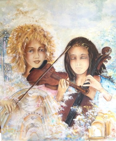 Painting titled "Musique" by Raphaëla Gemini, Original Artwork, Oil Mounted on Wood Stretcher frame