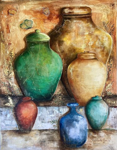 Painting titled "Potiches de mon jar…" by Raphaëla Gemini, Original Artwork, Oil Mounted on Wood Stretcher frame