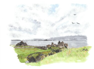 Painting titled "Dunluce Castle" by Raphaëlle Doin, Original Artwork, Watercolor Mounted on Cardboard