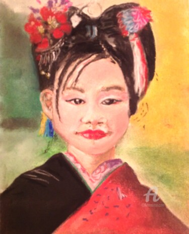 Drawing titled "La petite japonaise" by Christel, Original Artwork, Chalk Mounted on Cardboard