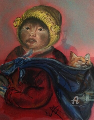 Dessin intitulée "La petite fille au…" par Christel, Œuvre d'art originale, Craie Monté sur Carton