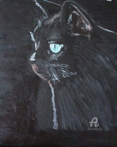 Painting titled "Le chat noir" by Christel, Original Artwork, Acrylic Mounted on Wood Stretcher frame