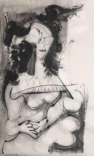 Malerei mit dem Titel "MUJER SENTADA" von Raul Cañestro Caballero, Original-Kunstwerk, Tinte