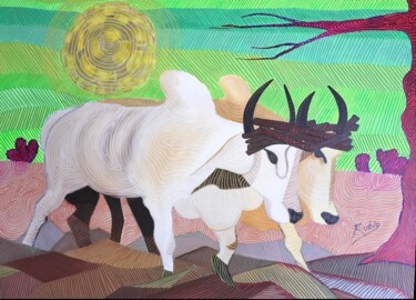 Pintura titulada "Bueyes" por Raúl Rubio, Obra de arte original, Oleo Montado en Bastidor de camilla de madera