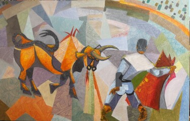 Schilderij getiteld "Matador" door Raúl Rubio, Origineel Kunstwerk, Olie Gemonteerd op Frame voor houten brancard