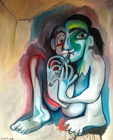FLAUTISTA DE CALLE Pintura intitulada "FLAUTISTA DE CALLE" por Raul Cañestro Caballero, Obras de arte originais, Óleo