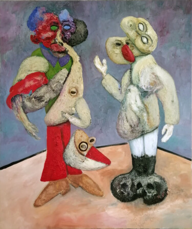 Painting titled "Two clowns" by Raul Tripa, Original Artwork, Oil Mounted on Wood Stretcher frame