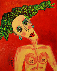 Painting titled "Green Hair Lady" by Outsider Artist, Original Artwork, Other