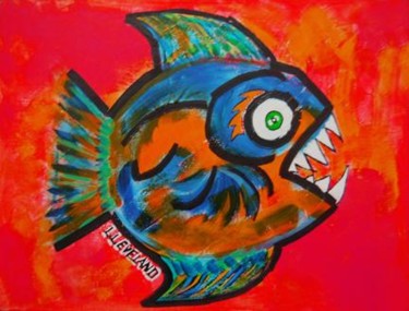 Malerei mit dem Titel "The Fish" von Outsider Artist, Original-Kunstwerk, Öl