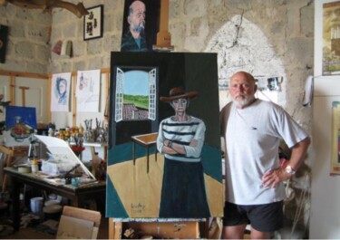 Картина под названием "Ray with a portrait…" - Ray Johnstone, Подлинное произведение искусства