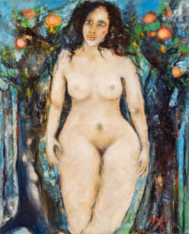 Painting titled "Femmes en foret" by Raya Sorkine, Original Artwork, Oil Mounted on Wood Stretcher frame