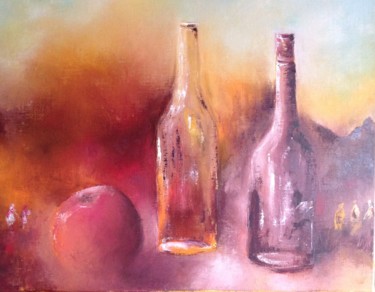 Painting titled "Bouteilles et pomme" by Raymonde Etcharry, Original Artwork, Oil