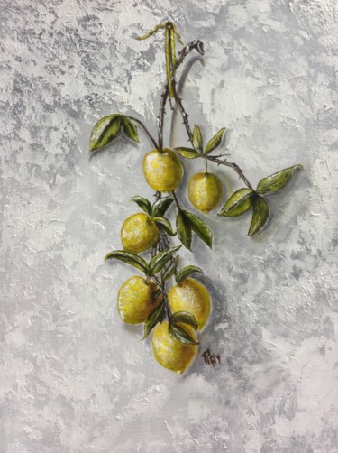 Painting titled "Branche de citrons" by Raymonde Etcharry, Original Artwork, Oil