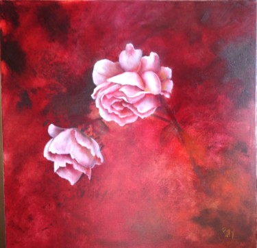 Painting titled "Roses sur fond rouge" by Raymonde Etcharry, Original Artwork, Oil